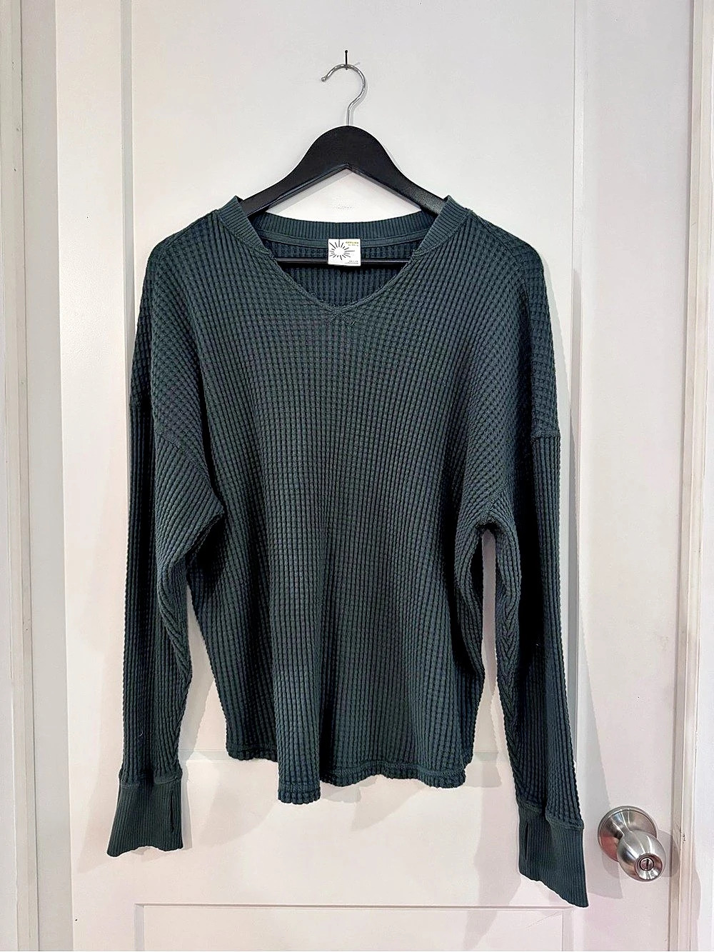 Aerie Waffle Knit Long Sleeve Top in Dark Green - Size XS